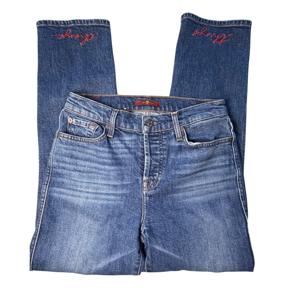 7 For All Mankind Change Things Embroidered Straight Leg Jeans Blue 26